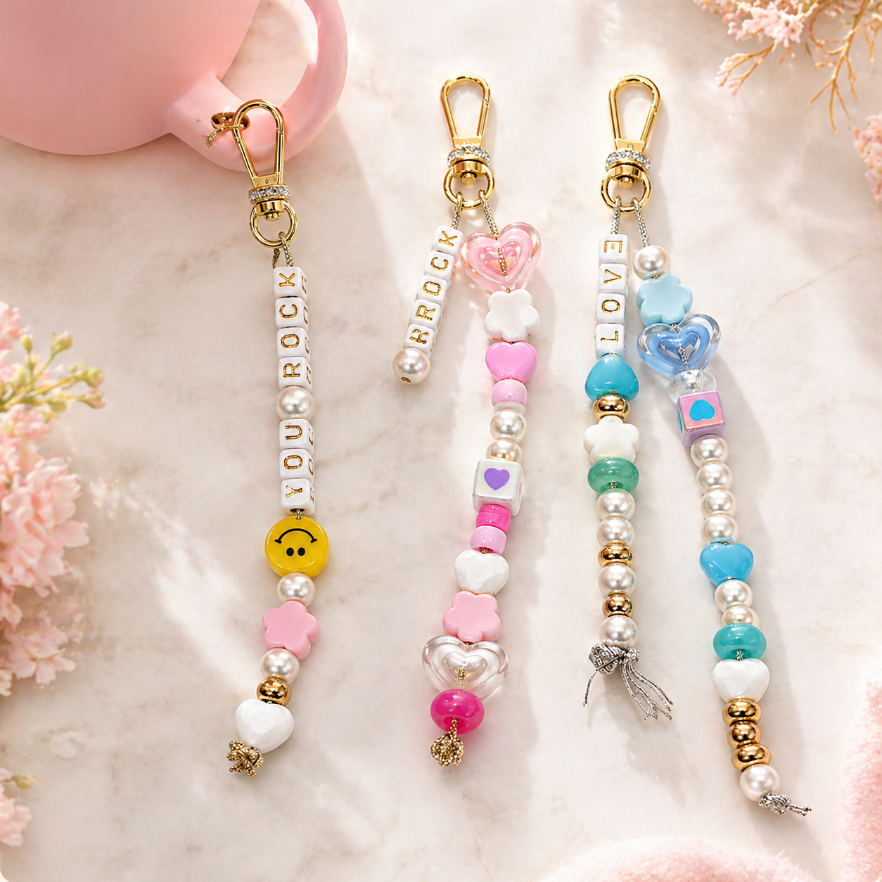 Custom friendship keychains in pink and purple